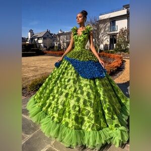 Green and Blue Prom Dress Floral Ball Gown 2026